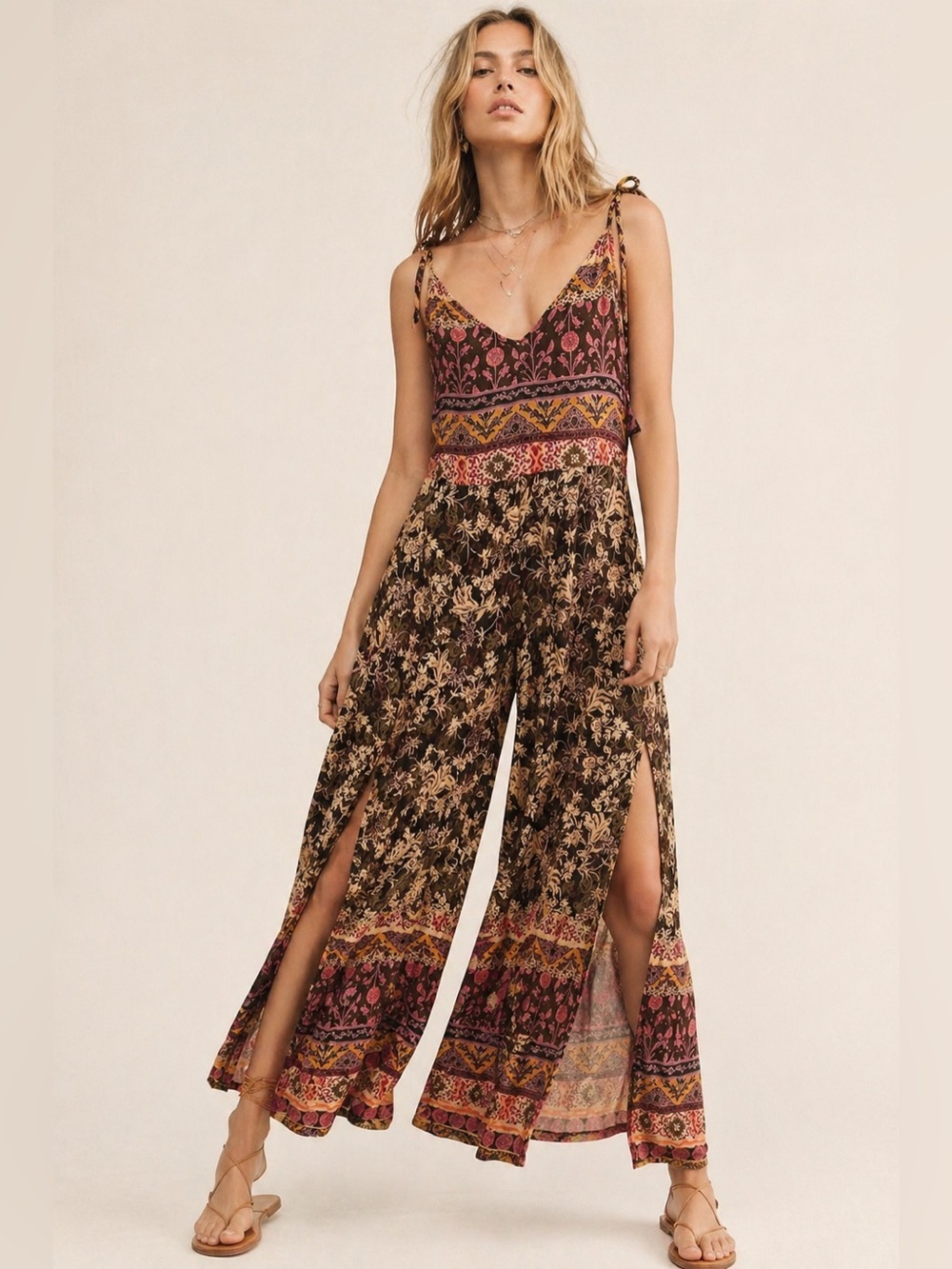 Free People Split Leg Boho Floral Tie-Shoulder Wide leg jumpsuit feminine S